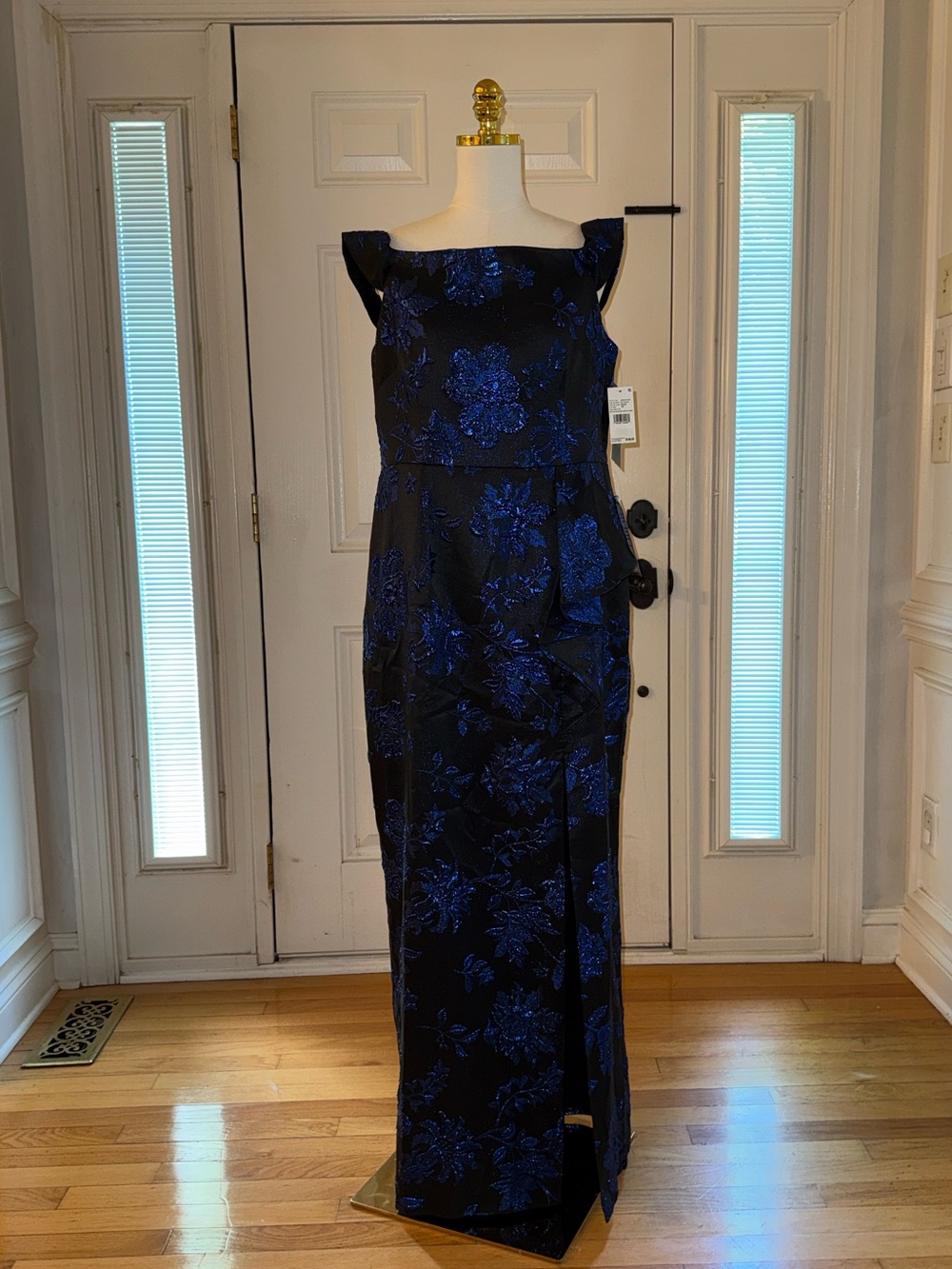 Adrianna Papell Black Gown with Metallic Blue Floral Jacquard One-Shoulder
